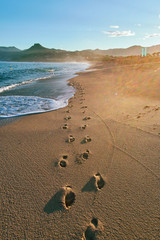 Fresh textured footprints in a sand on beautiful beach in Corsica on beautiful sunny morning