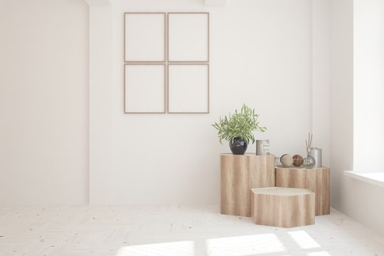 White empty room. Scandinavian interior design. 3D illustration