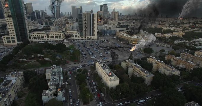 City Under attack in war aerial view Video Compisting simulates Real drone footage with visual effects elements, of Israel Tel aviv city under attack with helicopters smoke and Destroyed buildings.