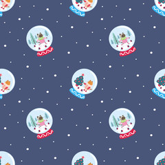Funny seamless pattern with snow globes and cheerful cats. Vector background.