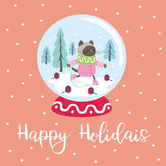 Funny winter poster with snow globe and cheerful cat. Vector illustration.