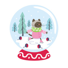 Snow globe with funny cat and winter landscape. Vector illustration isolated on a white background.