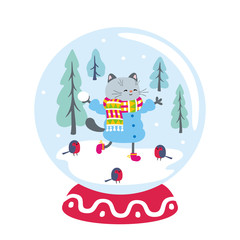 Snow globe with funny cat and winter landscape. Vector illustration isolated on a white background.