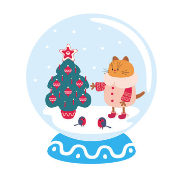 Snow globe with funny cat and winter landscape. Vector illustration isolated on a white background. © olga_a_belova