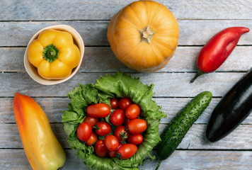 yellow pepper into bowl, vegetables set