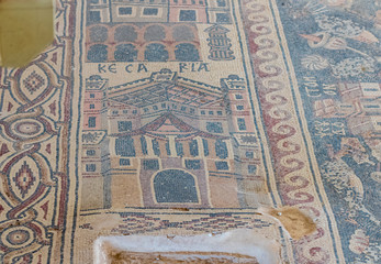 The fragment of mosaic in the covered pavilion on the historical archaeological site Umm ar-Rasas near Madaba city in Jordan