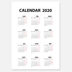 2020 Calendar Template.Calendar 2020 Set of 12 Months.Yearly calendar vector design stationery template.Vector illustration.