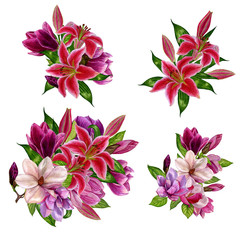 Bouquets of flowers isolated on white background. Set of flower bouquets. Watercolour flowers manually work. For your design, invitations to a wedding, cards, business cards, etc.