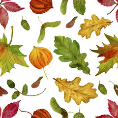 Seamless raster pattern with watercolour autumn leaves on a black background. Watercolour illustrations hand painted. For your fabric design, wrapping paper, web design, etc.