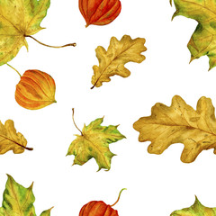 Pattern is seamless with autumn leaves. Watercolor handmade leaves. For your design of the fabric, wrapping paper, etc.