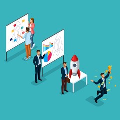 Trendy Isometric people, 3d businessman, development of start-up, path to success, creative young people, team of professionals, business creation, rocket on blue