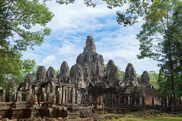 Faces of Bayon temple in Angkor Thom, Siemreap, Cambodia. The Bayon Temple (Prasat Bayon ) is a...