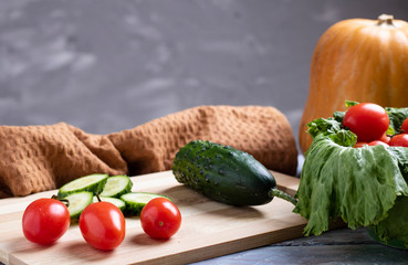 vegetables on kitchen board, copy space