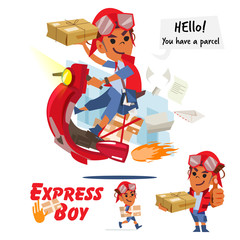 Delivery man with a box in his hands riding scooter. character design - vector