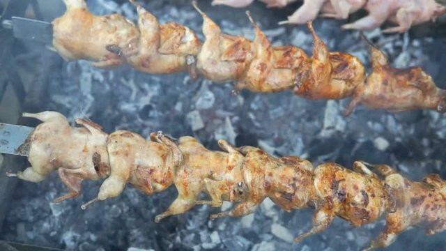 close up cooking barbecue quail bird with spinner on hot coal