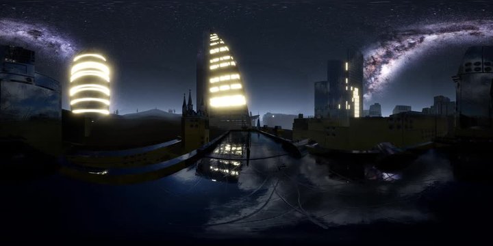 city skyline at night under a starry sky. ready for use in vr360 virtual reality