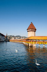 Lucerne Chapel Bridge in bright evening, Switzerland