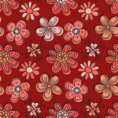 Flower seamless pattern. Red color vector background. Summer and spring print