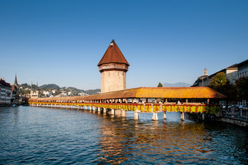 Lucerne Chapel Bridge in bright evening, Switzerland