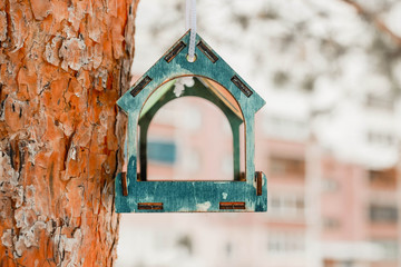 bird feeder on a tree with blurred background