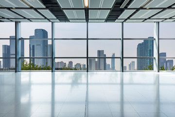 Panoramic skyline and buildings from glass window