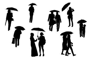 Silhouettes of walking people under the umbrellas, vector, set.