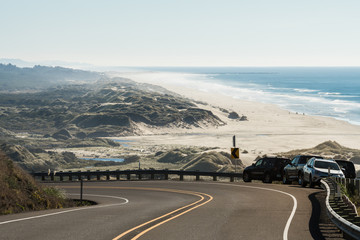 The beach and the coastline from a curve of Highway 101 off the coast of Oregon