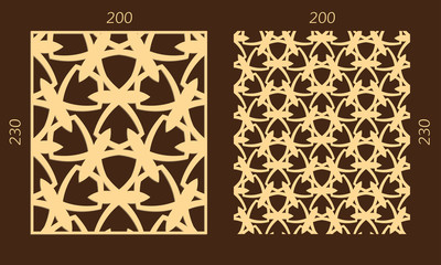Laser cutting set. Woodcut vector trellis panel. Plywood lasercut eastern design. Hexagonal seamless pattern for printing, engraving, paper cutting. Stencil lattice ornament.