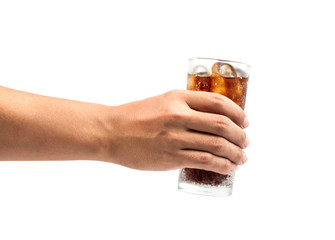 Drink cola in glass with hand on white background.