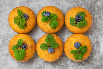 Blueberry muffins on grey background. Top view