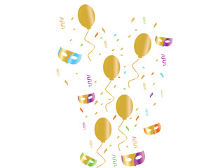 Colorful confetti and masks Golden balloons on White background