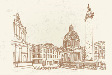 Obraz premium Santa Maria di Loreto and ruins of roman forum in Rome, Italy.