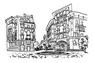 vector sketch of Coppede Quarter, Rome, Italy
