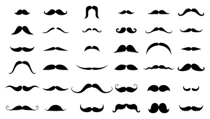 Mustache collection. Black silhouette of the mustache set isolated on white. Vintage engraving stylized drawing. Vector illustration - Vector.