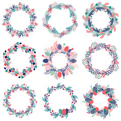 Easter wreath icons set. Spring holiday wreaths decorated with colored eggs, festive flowers and natural botanical elements.