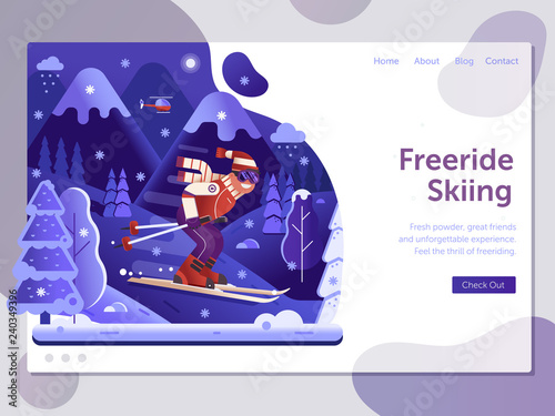 Ski Resort Landing Page Template With Freeride Skiing Man On Skis In Ski Resort Landing Page Template With Freeride Skiing Man On Skis In Motion Winter Holidays Mountains Web Banner Downhill Skier Riding Snowy