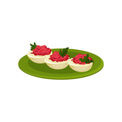 Boiled eggs stuffed with beetroot. Tasty snacks. Appetizing food. Culinary theme. Flat vector icon