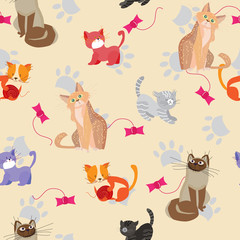 Cute cats and kittens, seamless pattern with Pets playful and beloved animals, vector illustration