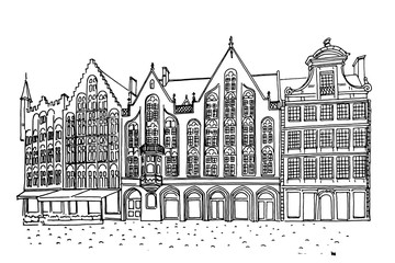 Obraz premium Szkic wektor tradycyjnej architektury w mieście Brugia (Brugge), Belgia
