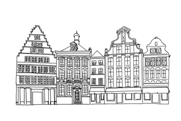 Obraz premium Vector sketch of Traditional architecture in the town of Bruges (Brugge), Belgium