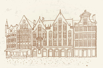Obraz premium Vector sketch of Traditional architecture in the town of Bruges (Brugge), Belgium