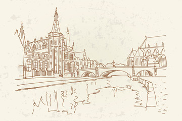 Vector sketch of embankment Graslei and medieval buildings. Former center of the medieval harbor. Ghent, Belgium.