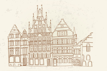 Obraz premium Vector sketch of embankment Graslei and medieval buildings. Former center of the medieval harbor. Ghent, Belgium.