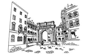 vector sketch of Arch of the Sergii (Golden gate) in Pula. Croatia 