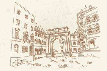 vector sketch of Arch of the Sergii (Golden gate) in Pula. Croatia 
