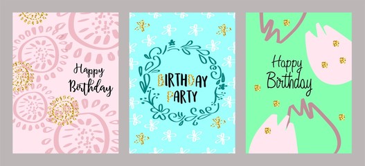 Fototapeta na wymiar Set of 3 cute creative cards templates with Happy birthday theme design. Vector illustration.