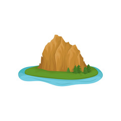 Large rocky mountain and green fir trees on island surrounded by water. Natural element for video game or travel map