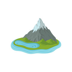 Flat vector design of mountain with snowy peak and blue lake. Green island surrounded by water. Landscape element