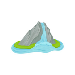 Flat vector icon of small island with waterfall. Water pouring down from high rocky mountain. Natural landscape