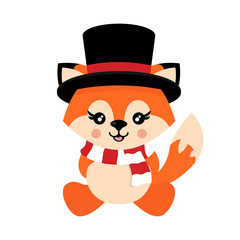 cartoon cute fox with hat and scarf vector sitting